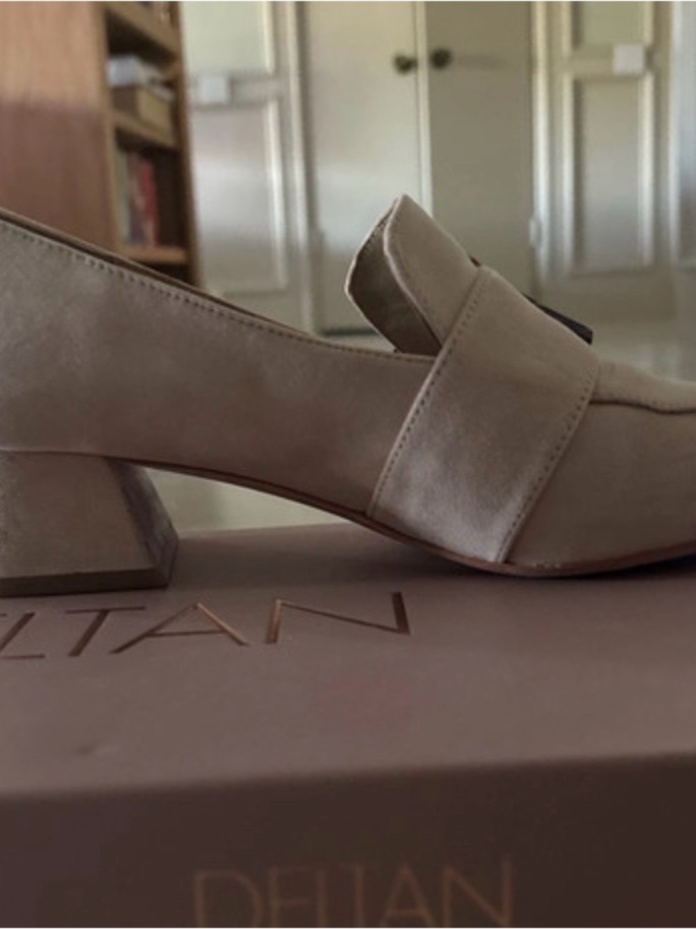 Women's Suede Block Heel Loafer in Light Beige